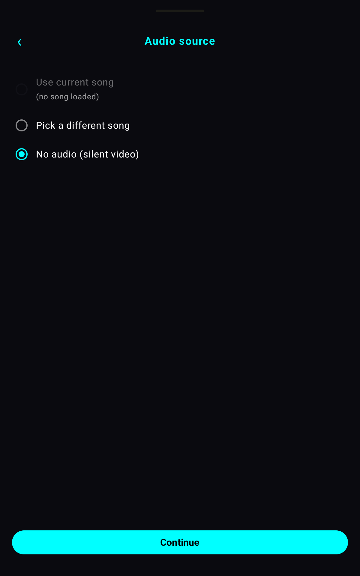 Export wizard — Audio source: use current song, pick a different song, or no audio