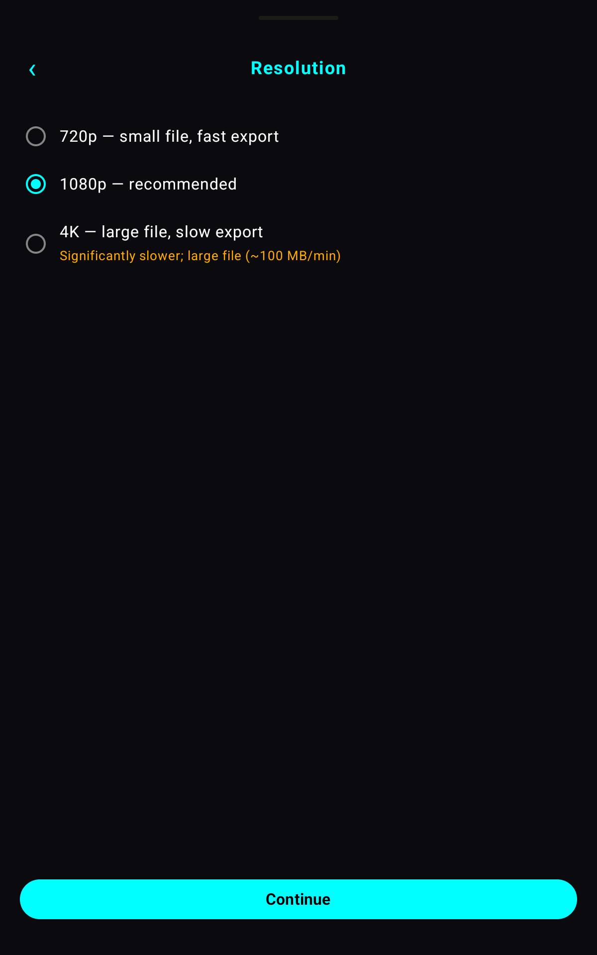 Export wizard — Resolution: 720p, 1080p (recommended), or 4K