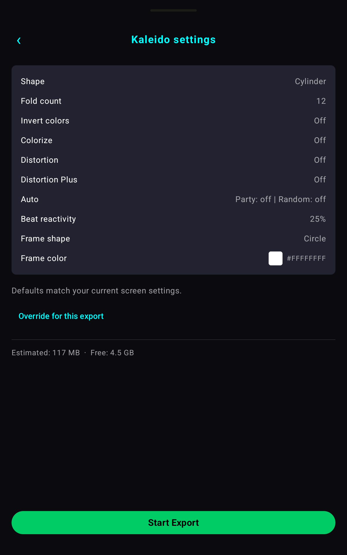 Export wizard — Kaleido settings review with size estimate and Start Export